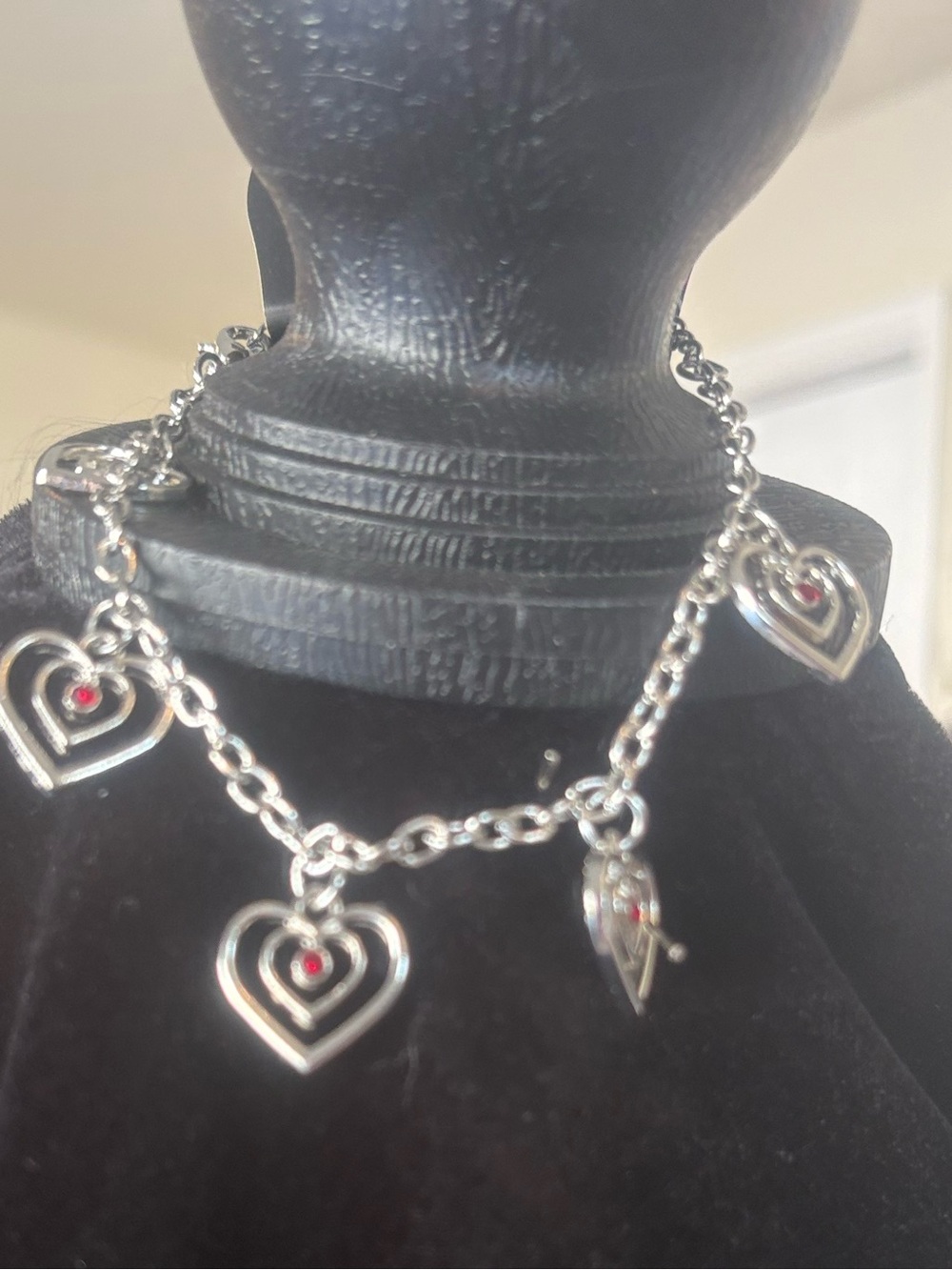 Silver tone Heart Charm bracelet with Red Accent